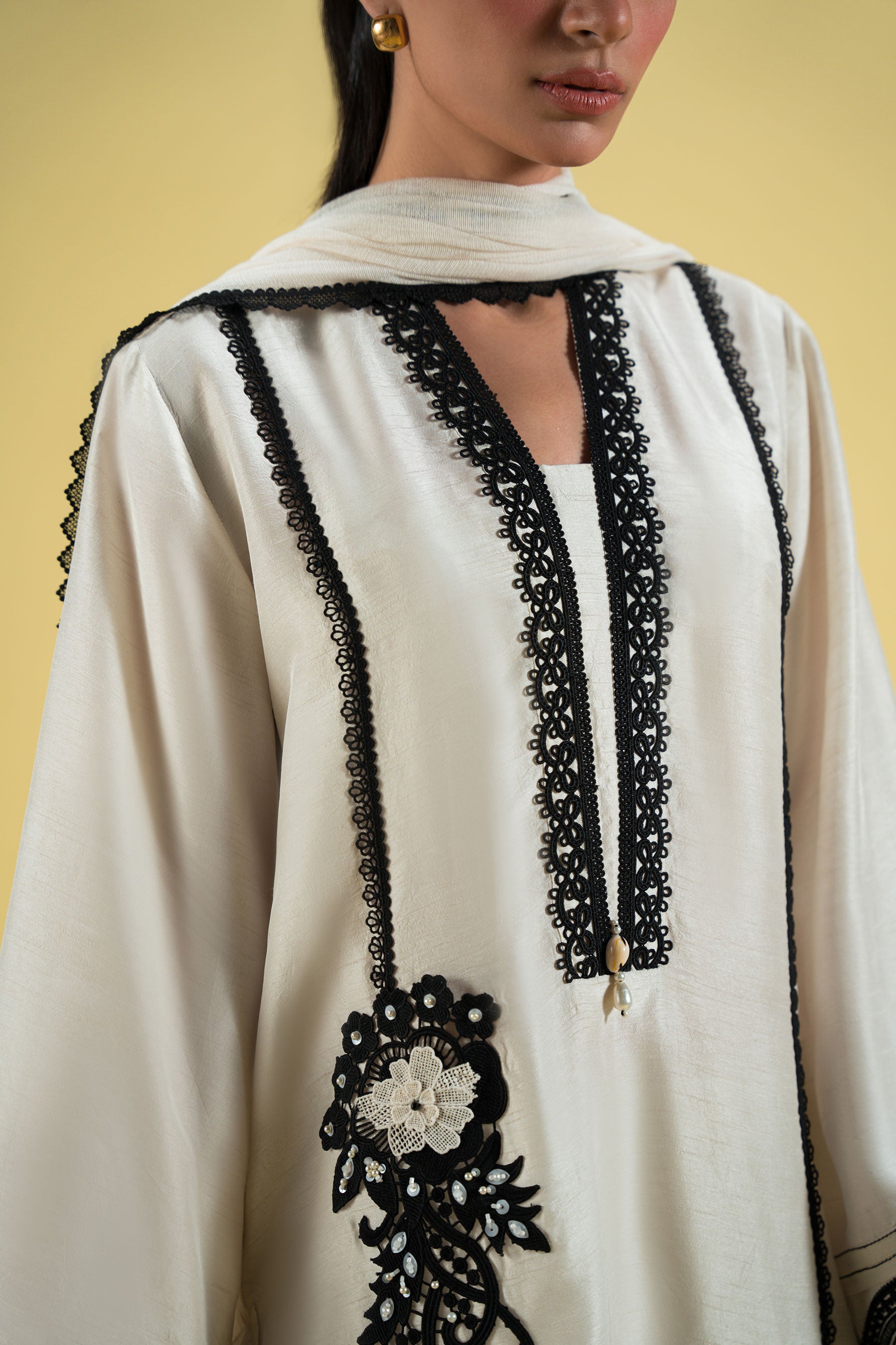 Pakistani Ivory Black Embroidered Blended Silk Salwar Kameez (3-Piece) - Image 2