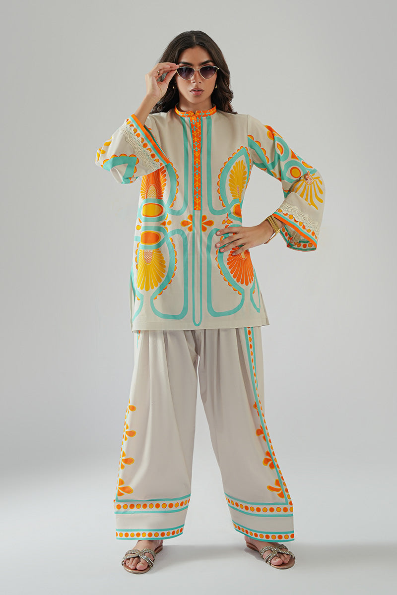 Pakistani Ivory Printed Cambric Salwar Kameez (2-Piece) - Image 2