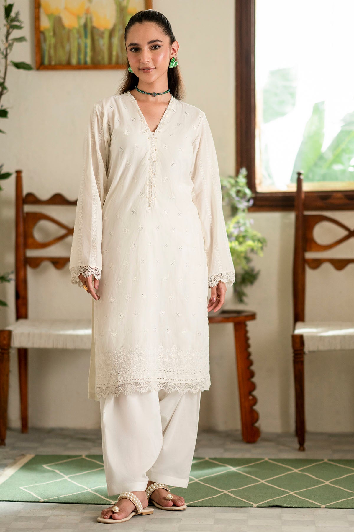 Ivory Schiffli Embroidered Cambric Lawn Salwar Kameez (2-Piece) - Image 1