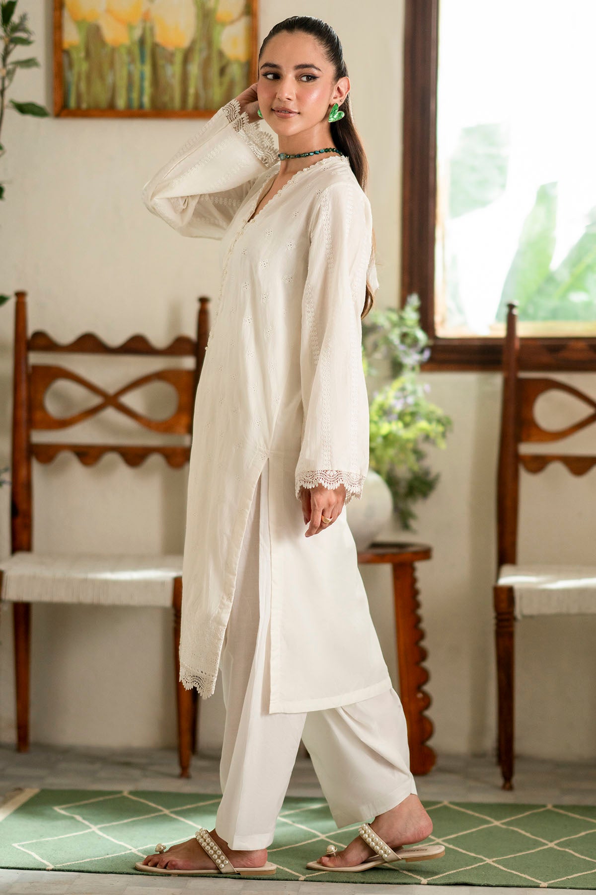 Ivory Schiffli Embroidered Cambric Lawn Salwar Kameez (2-Piece) - Image 2