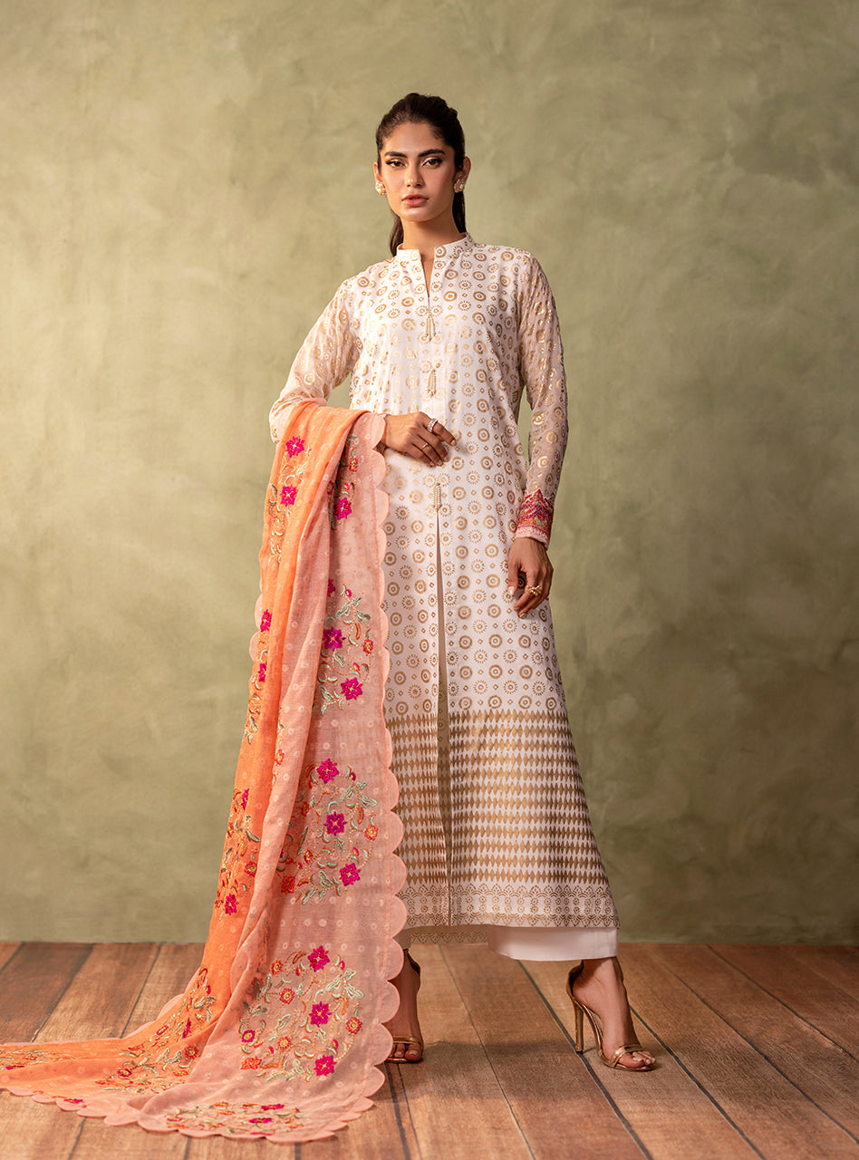 Pakistani Ivory Block Printed Pure Chiffon Salwar Kameez (3-Piece) - Image 1