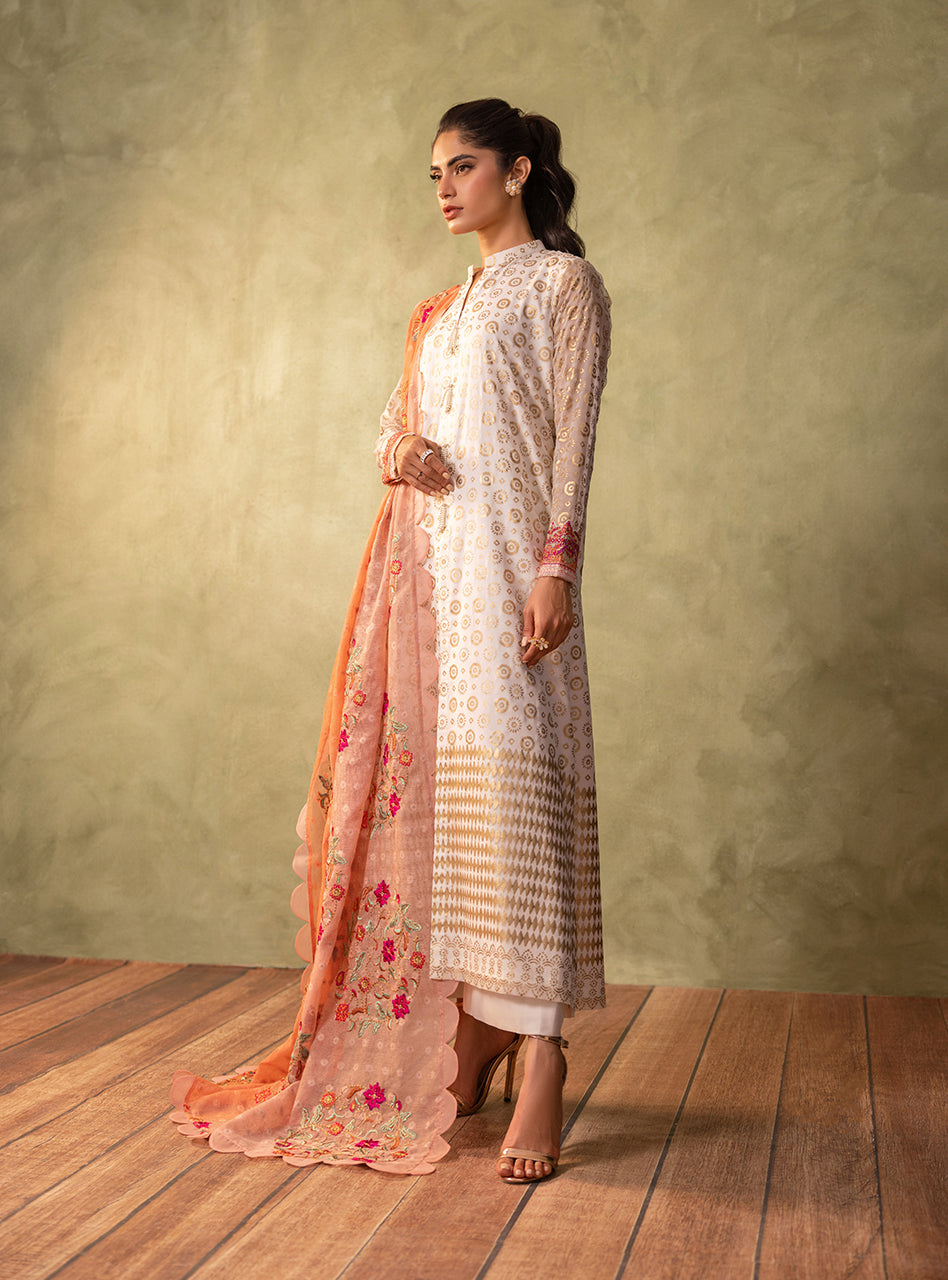 Pakistani Ivory Block Printed Pure Chiffon Salwar Kameez (3-Piece) - Image 3