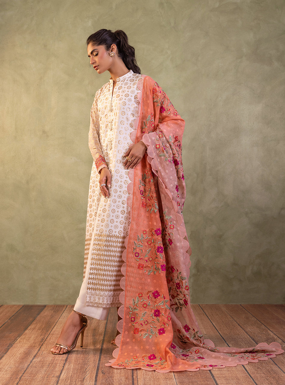 Pakistani Ivory Block Printed Pure Chiffon Salwar Kameez (3-Piece) - Image 4