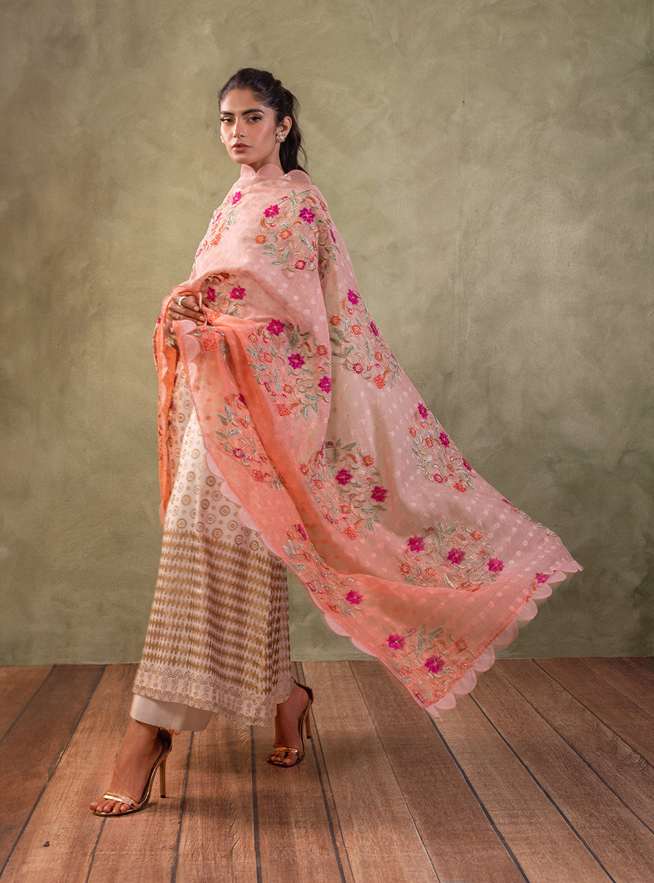 Pakistani Ivory Block Printed Pure Chiffon Salwar Kameez (3-Piece) - Image 5