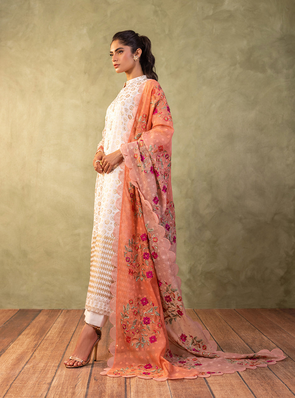 Pakistani Ivory Block Printed Pure Chiffon Salwar Kameez (3-Piece) - Image 6