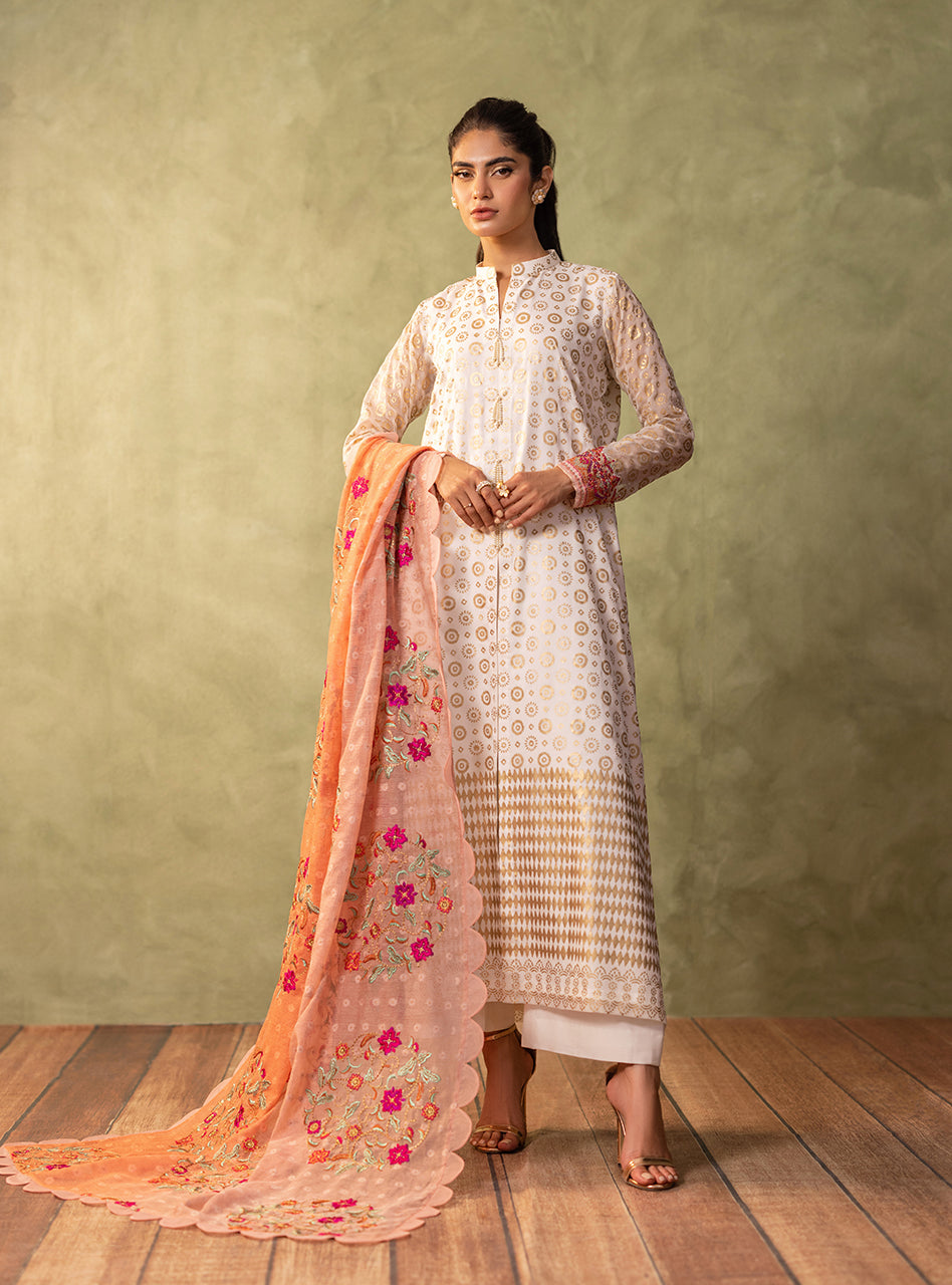 Pakistani Ivory Block Printed Pure Chiffon Salwar Kameez (3-Piece) - Image 8