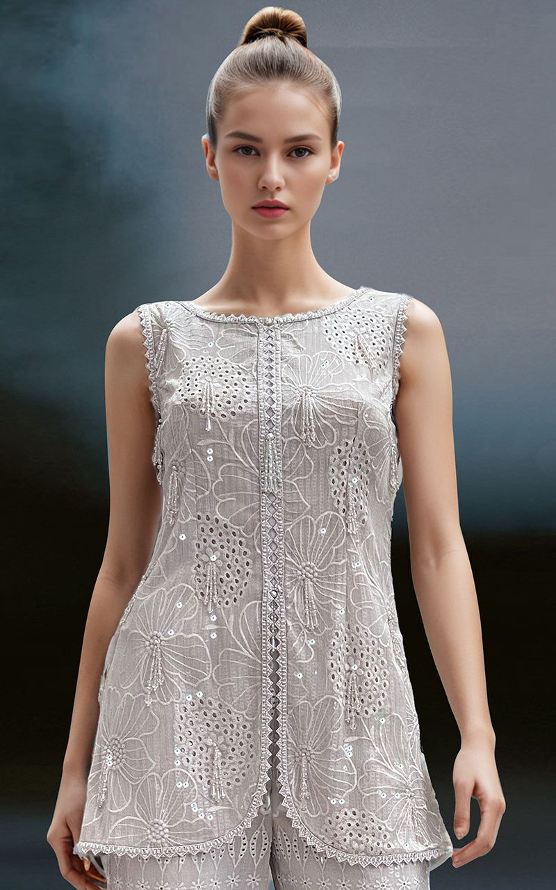 Ivory Chikankari Embroidered Chiffon Salwar Kameez (2-Piece) - Image 2