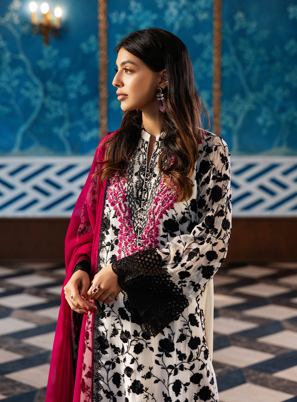 Ivory Embroidered Chiffon Salwar Kameez (3-Piece) - Image 6