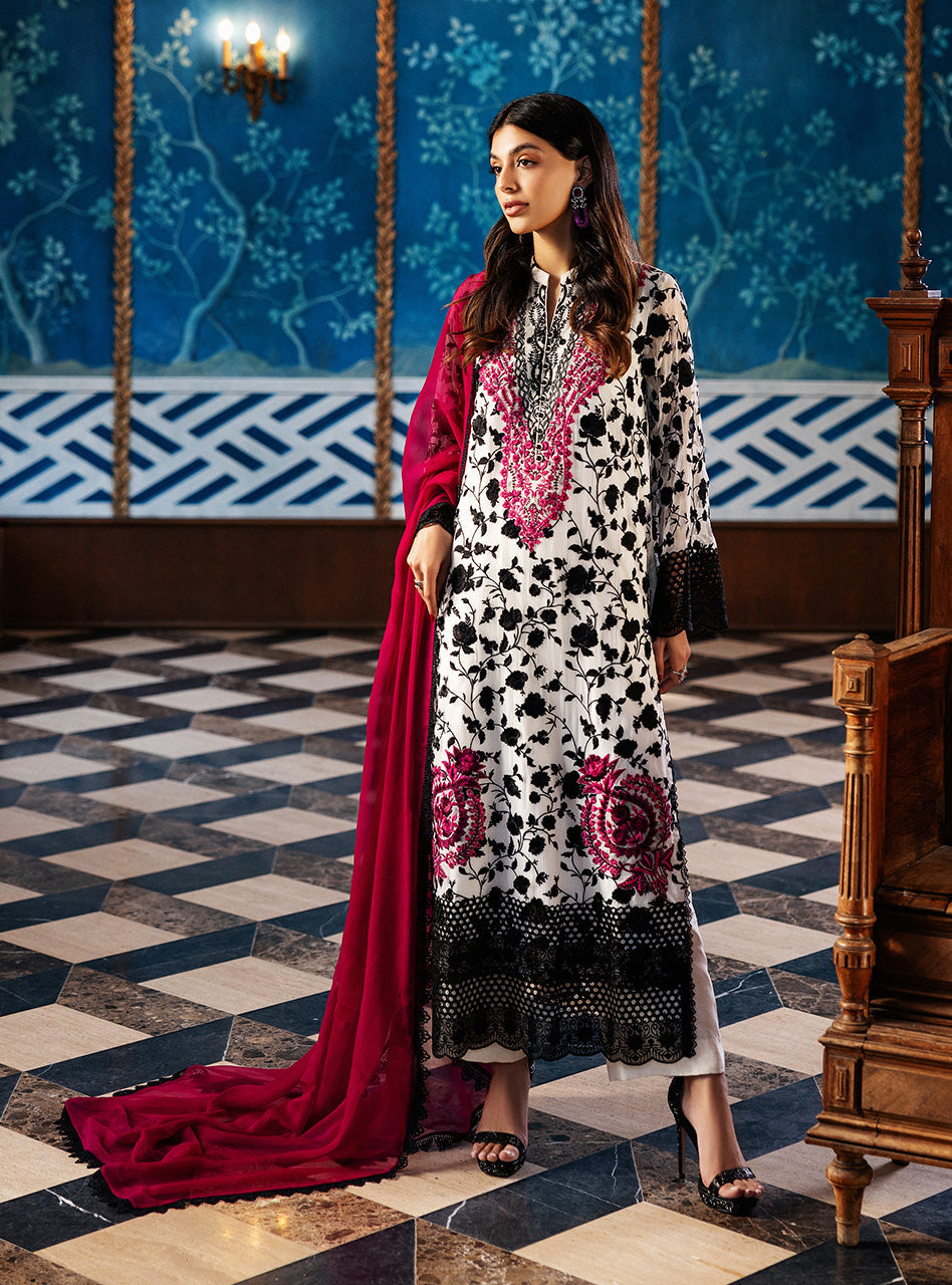 Pakistani Ivory Embroidered Chiffon Salwar Kameez (3-Piece) - Image 1