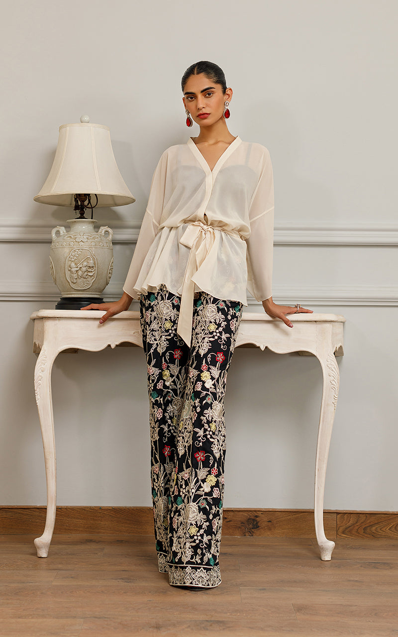 Ivory Chiffon Top with Embroidered Palazzo (2-Piece) - Image 1