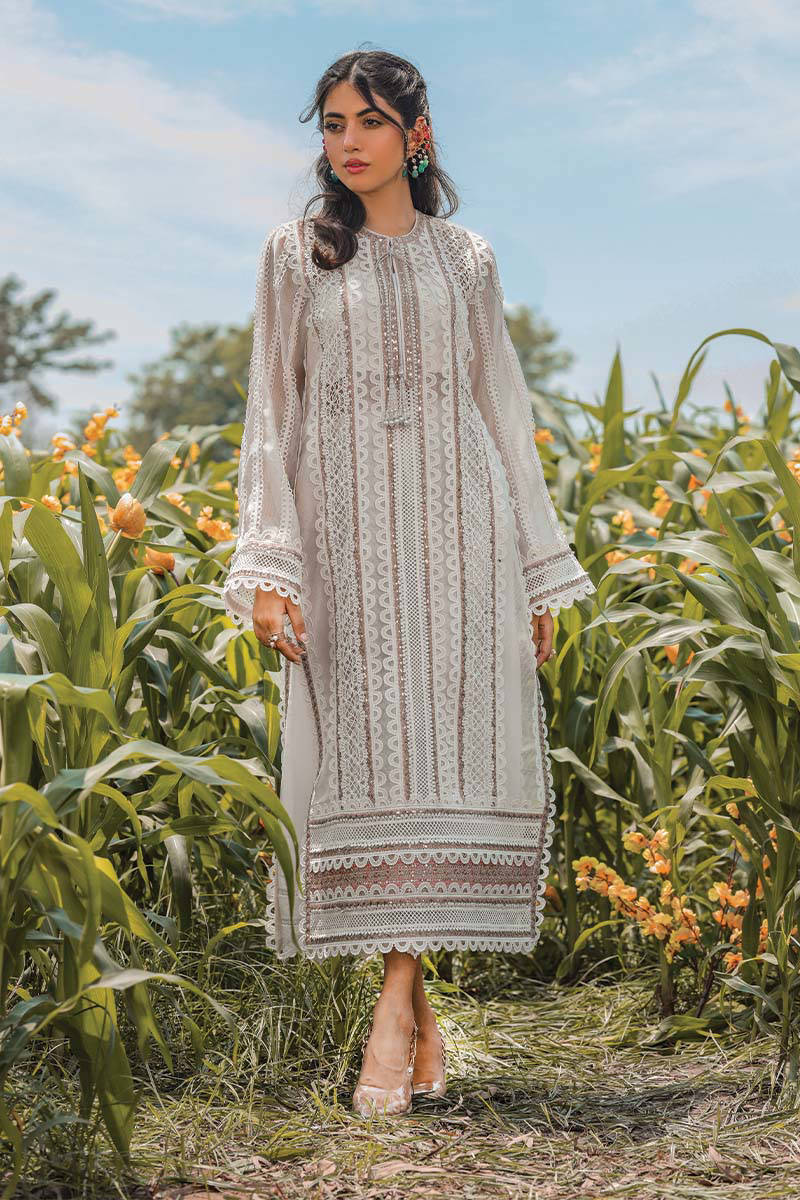 Ivory Embroidered Chiffon Jacquard Salwar Kameez (2-Piece) - Image 1