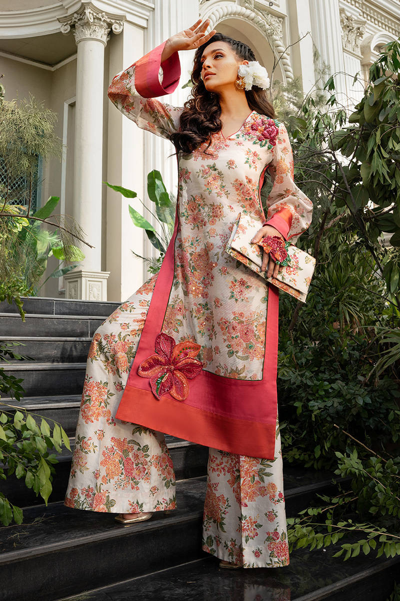 Pakistani Ivory Floral Chiffon Jacquard Long Shirt & Palazzo (2-Piece) - Image 1