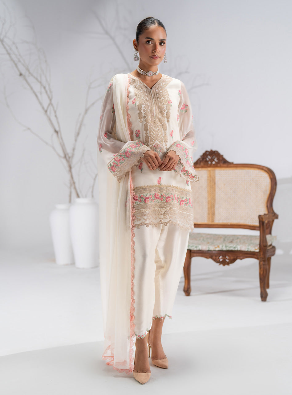 Pakistani Ivory Floral Embroidered Chiffon Salwar Kameez (3-Piece) - Image 1