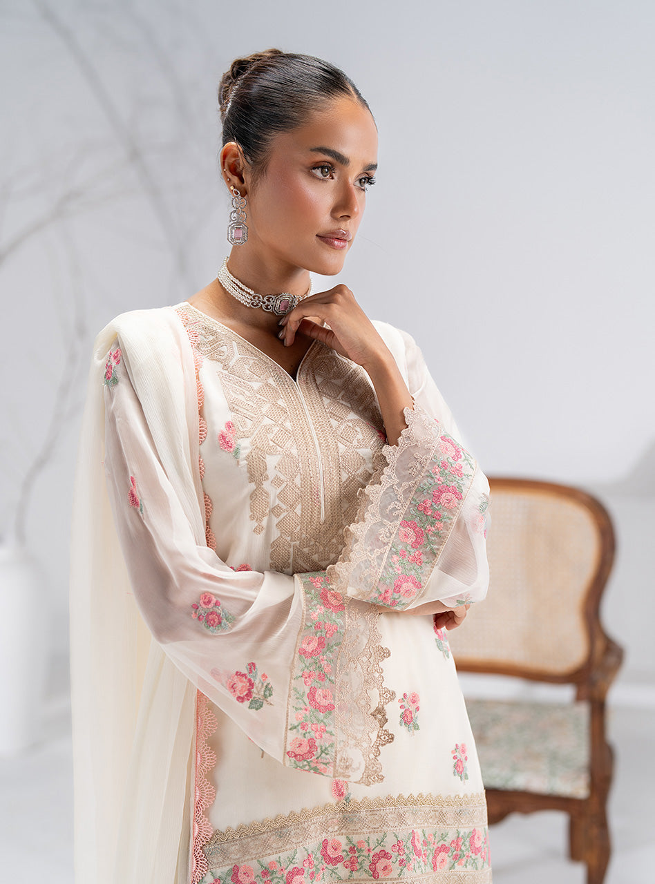 Pakistani Ivory Floral Embroidered Chiffon Salwar Kameez (3-Piece) - Image 2