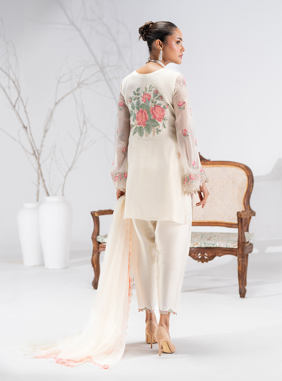 Pakistani Ivory Floral Embroidered Chiffon Salwar Kameez (3-Piece) - Image 3