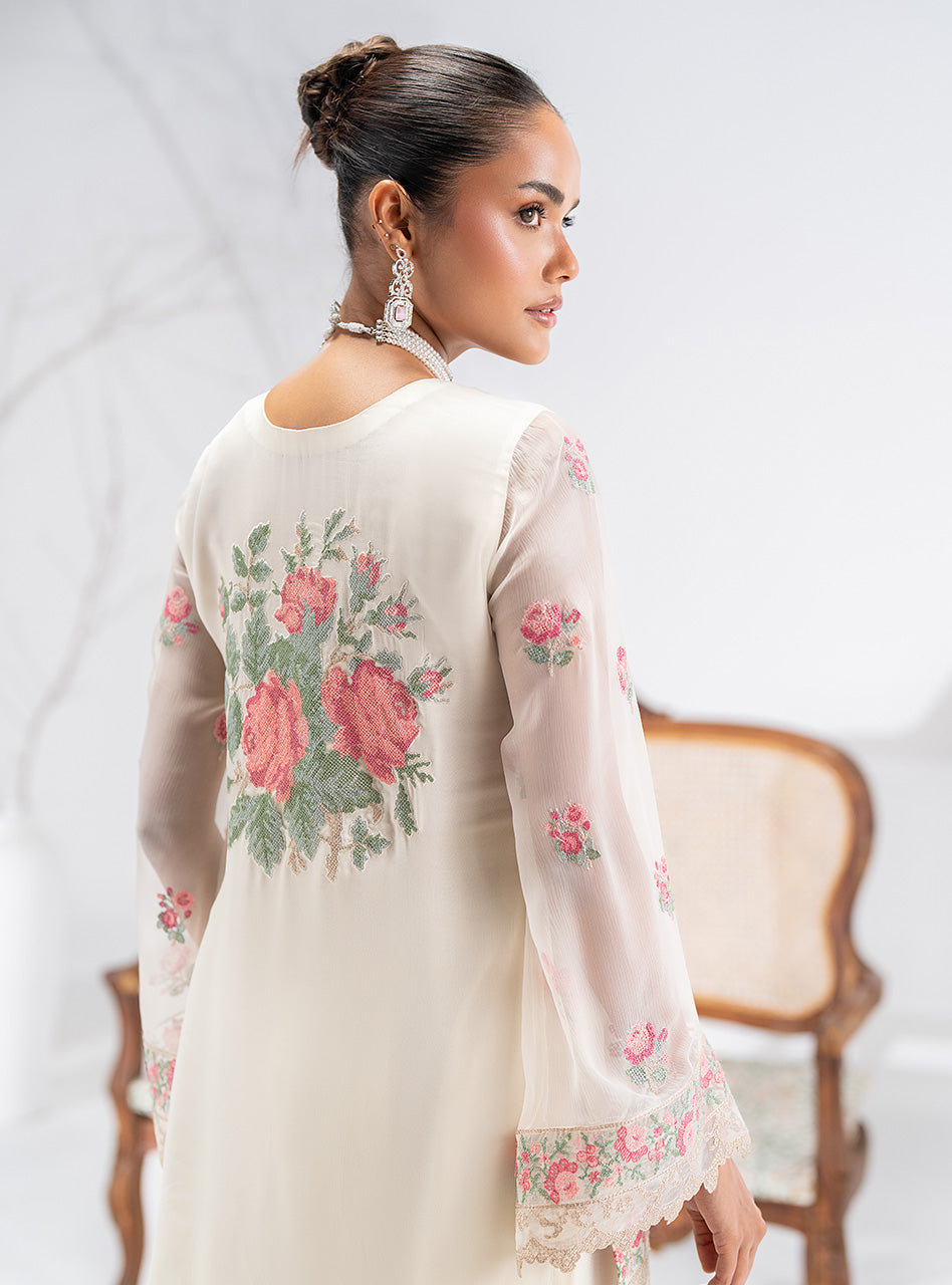 Pakistani Ivory Floral Embroidered Chiffon Salwar Kameez (3-Piece) - Image 4