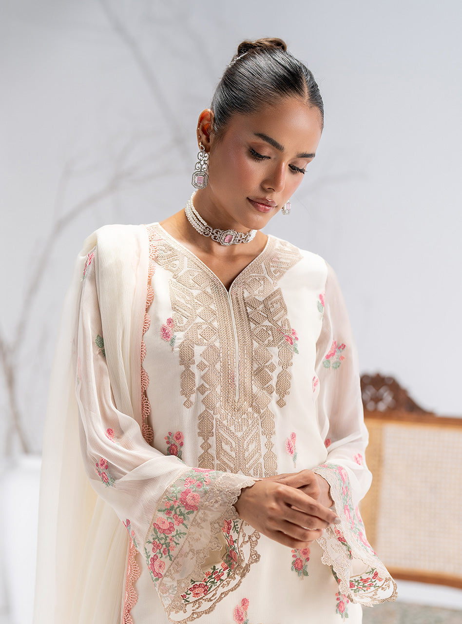 Pakistani Ivory Floral Embroidered Chiffon Salwar Kameez (3-Piece) - Image 5