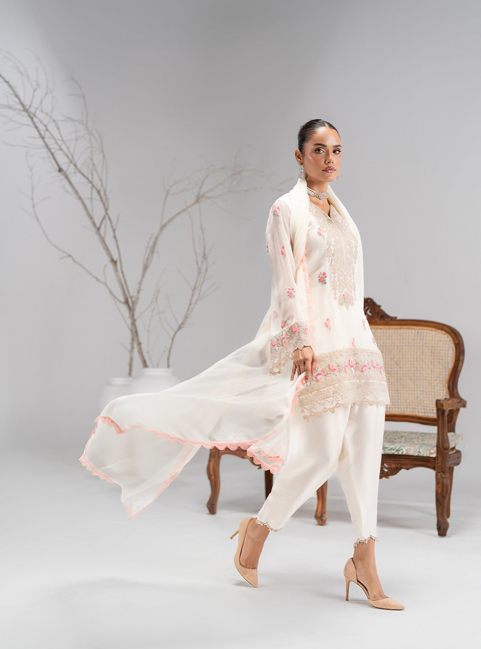 Pakistani Ivory Floral Embroidered Chiffon Salwar Kameez (3-Piece) - Image 6