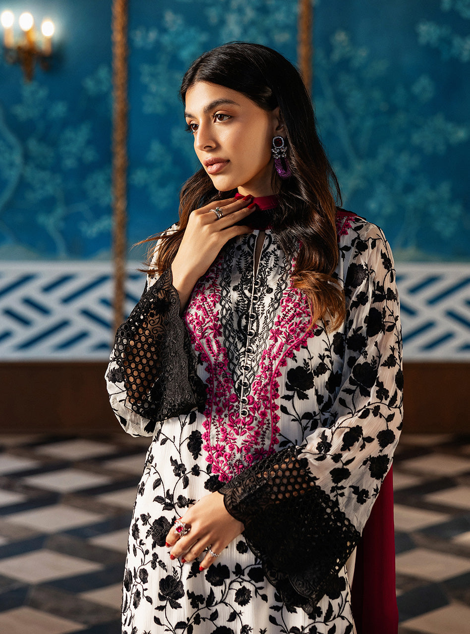 Ivory Embroidered Chiffon Salwar Kameez (3-Piece) - Image 2