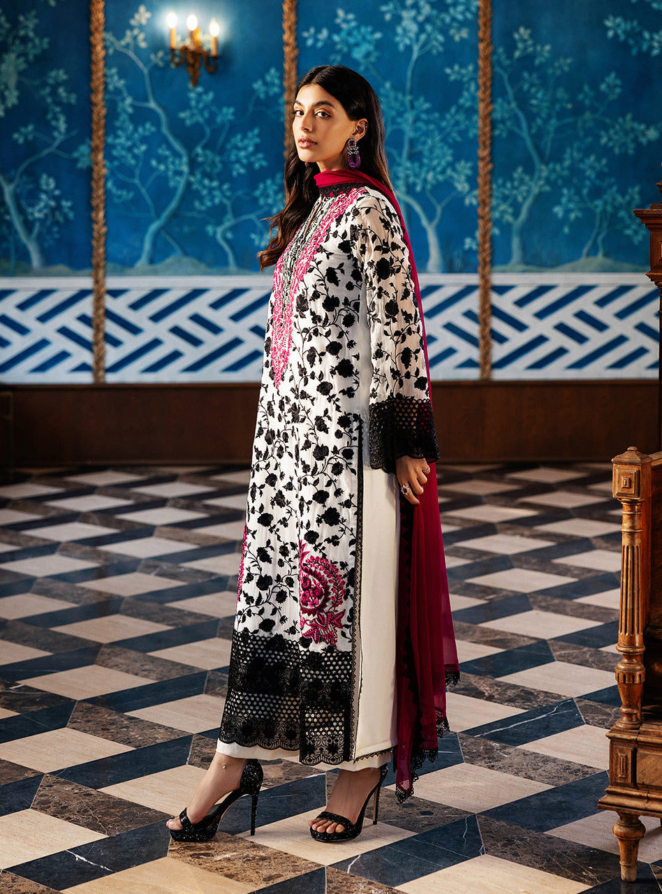 Ivory Embroidered Chiffon Salwar Kameez (3-Piece) - Image 3