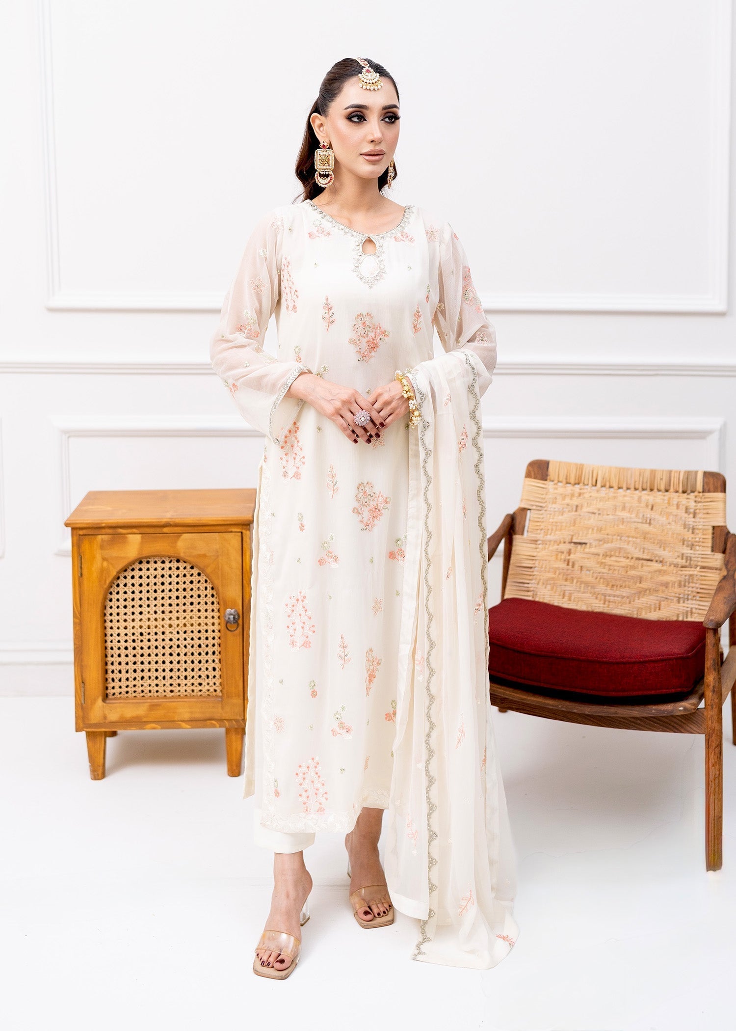 Off-White Embroidered Chiffon Kurta Set (3-Piece) - Image 1