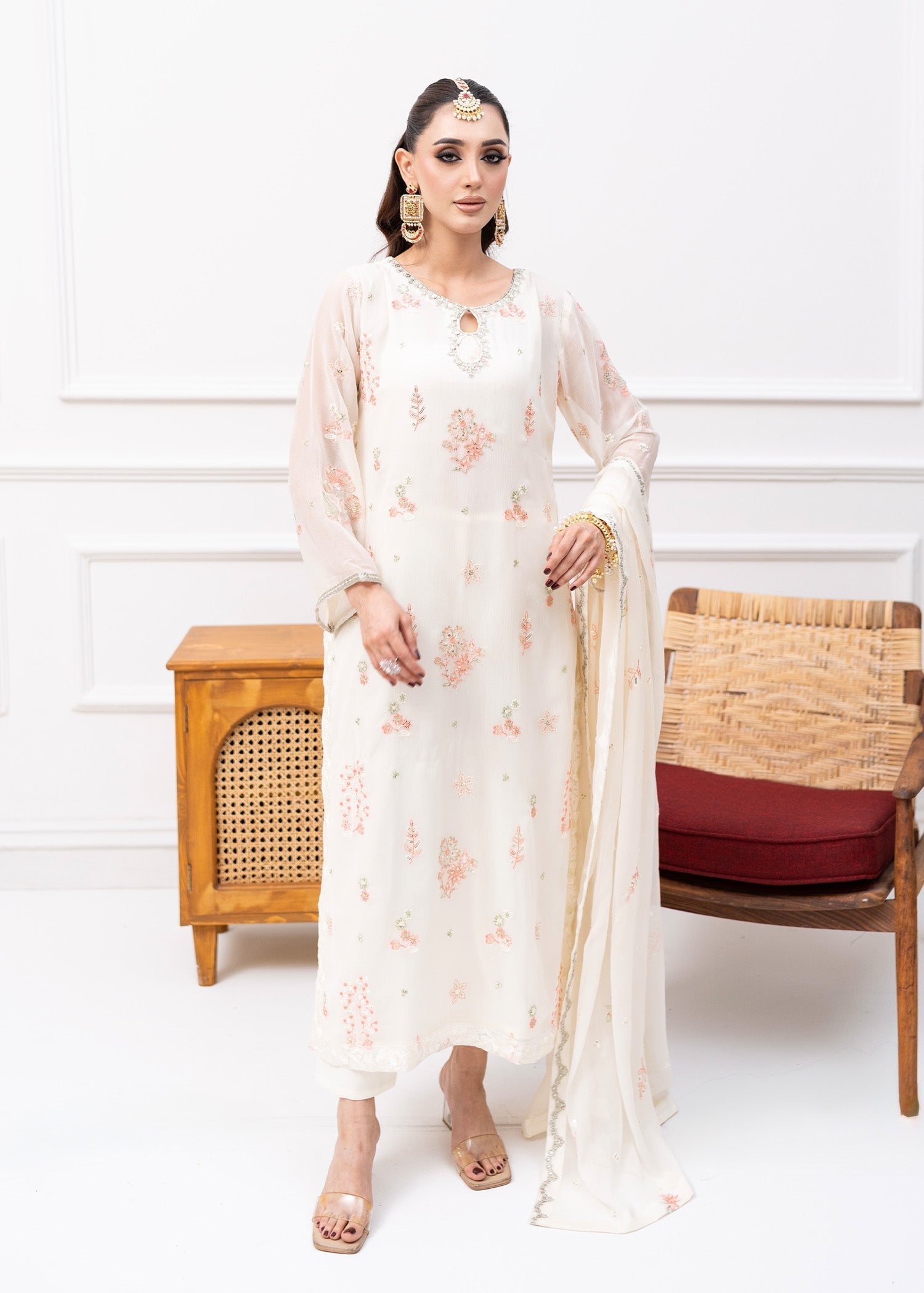 Off-White Embroidered Chiffon Kurta Set (3-Piece) - Image 7