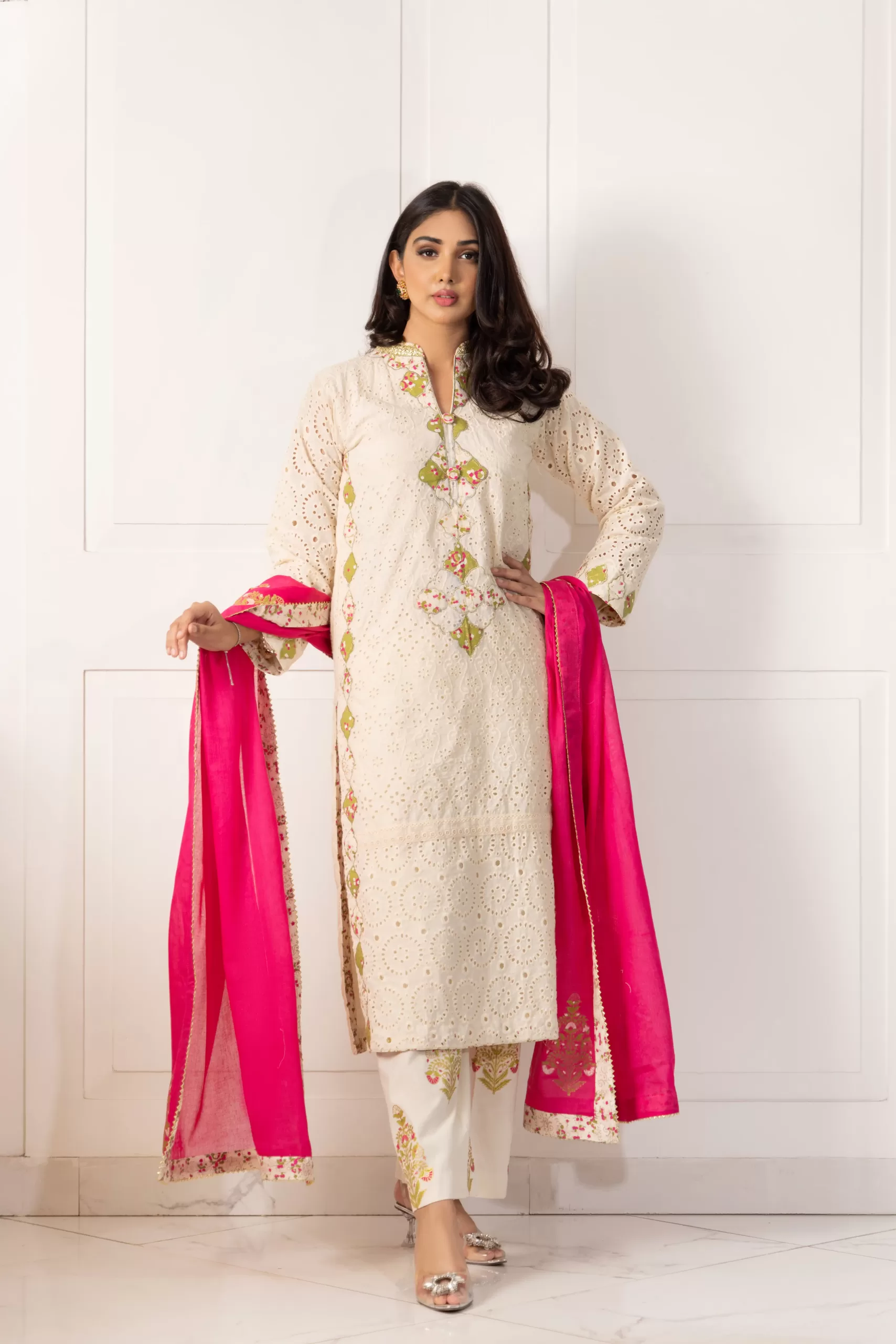 Off-White Chikan Embroidered 3-Piece Salwar Kameez - Image 1