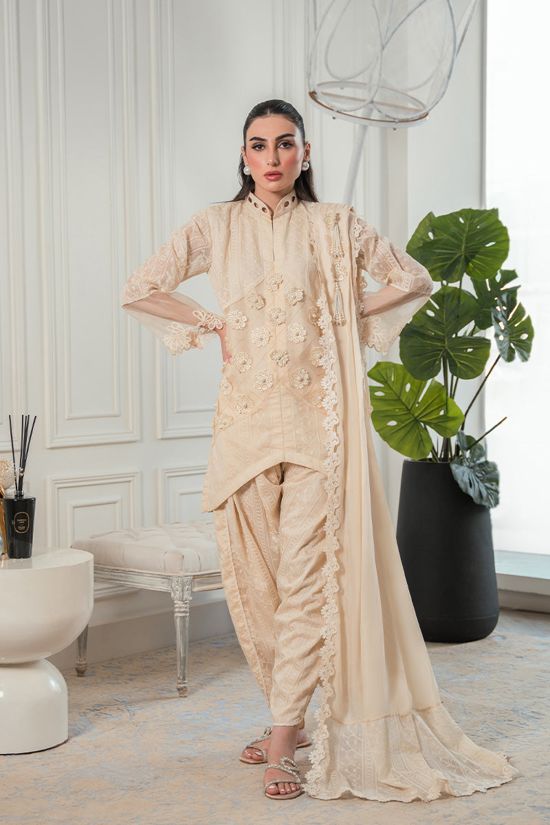 Pakistani Off-White Chikankari Silk Salwar Kameez (3-Piece) - Image 1