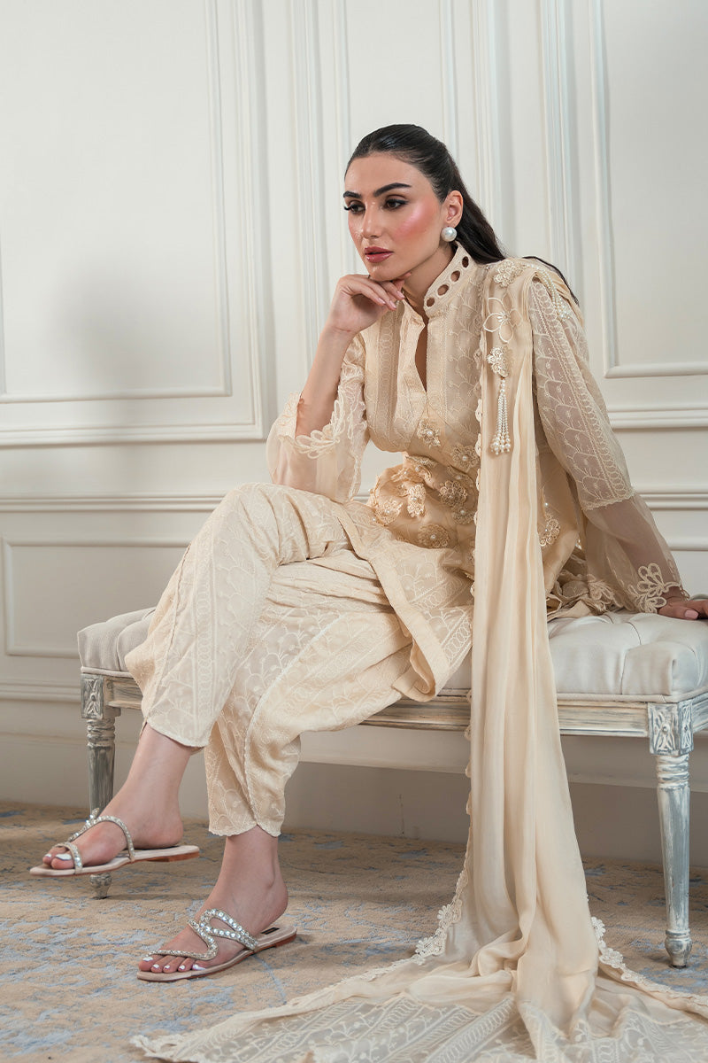 Pakistani Off-White Chikankari Silk Salwar Kameez (3-Piece) - Image 5