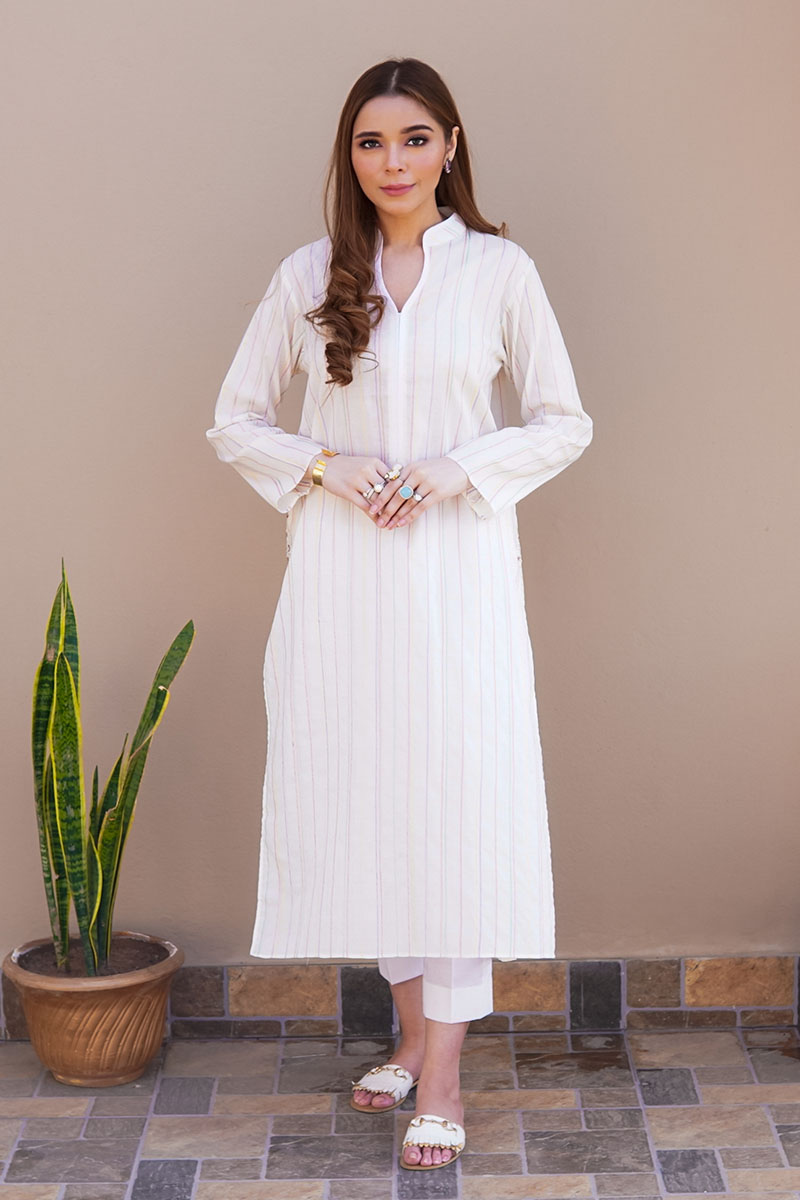 Ivory Dori Embroidered Cotton Long Shirt (2-Piece) - Image 1