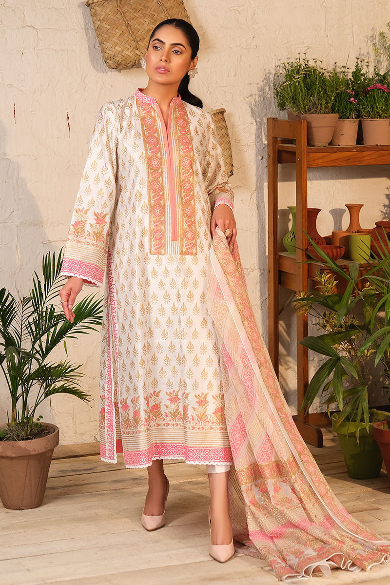 Ivory Block Printed Cotton Net Salwar Kameez (3-Piece) - Image 1