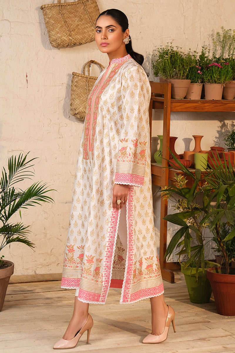 Ivory Block Printed Cotton Net Salwar Kameez (3-Piece) - Image 2