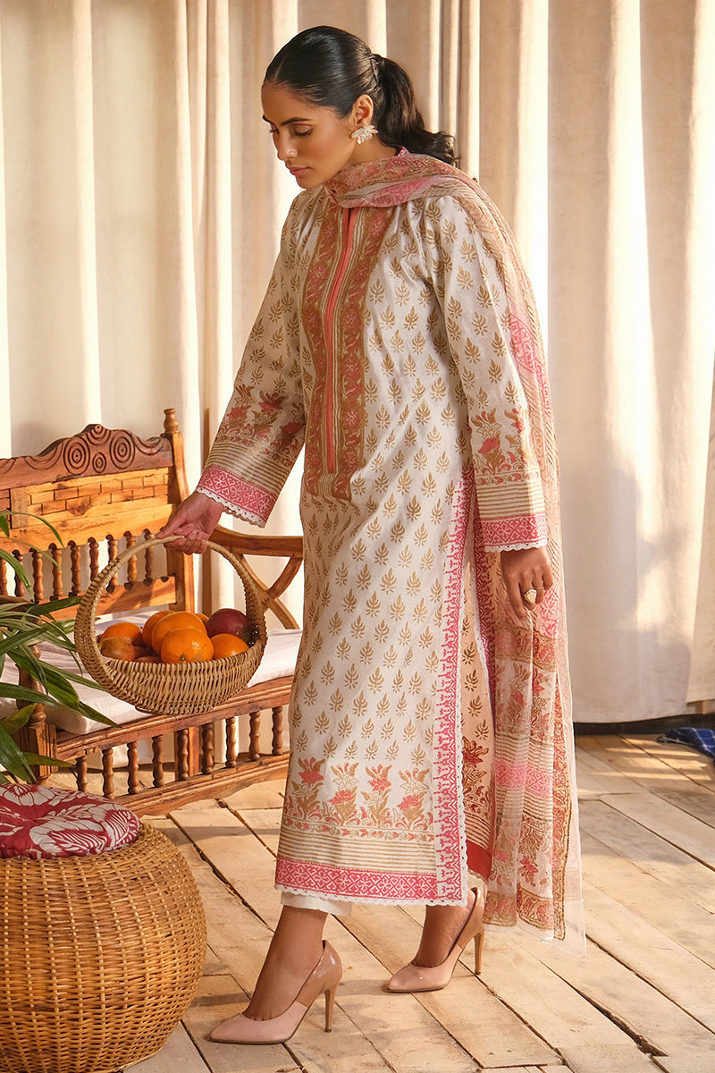 Ivory Block Printed Cotton Net Salwar Kameez (3-Piece) - Image 3