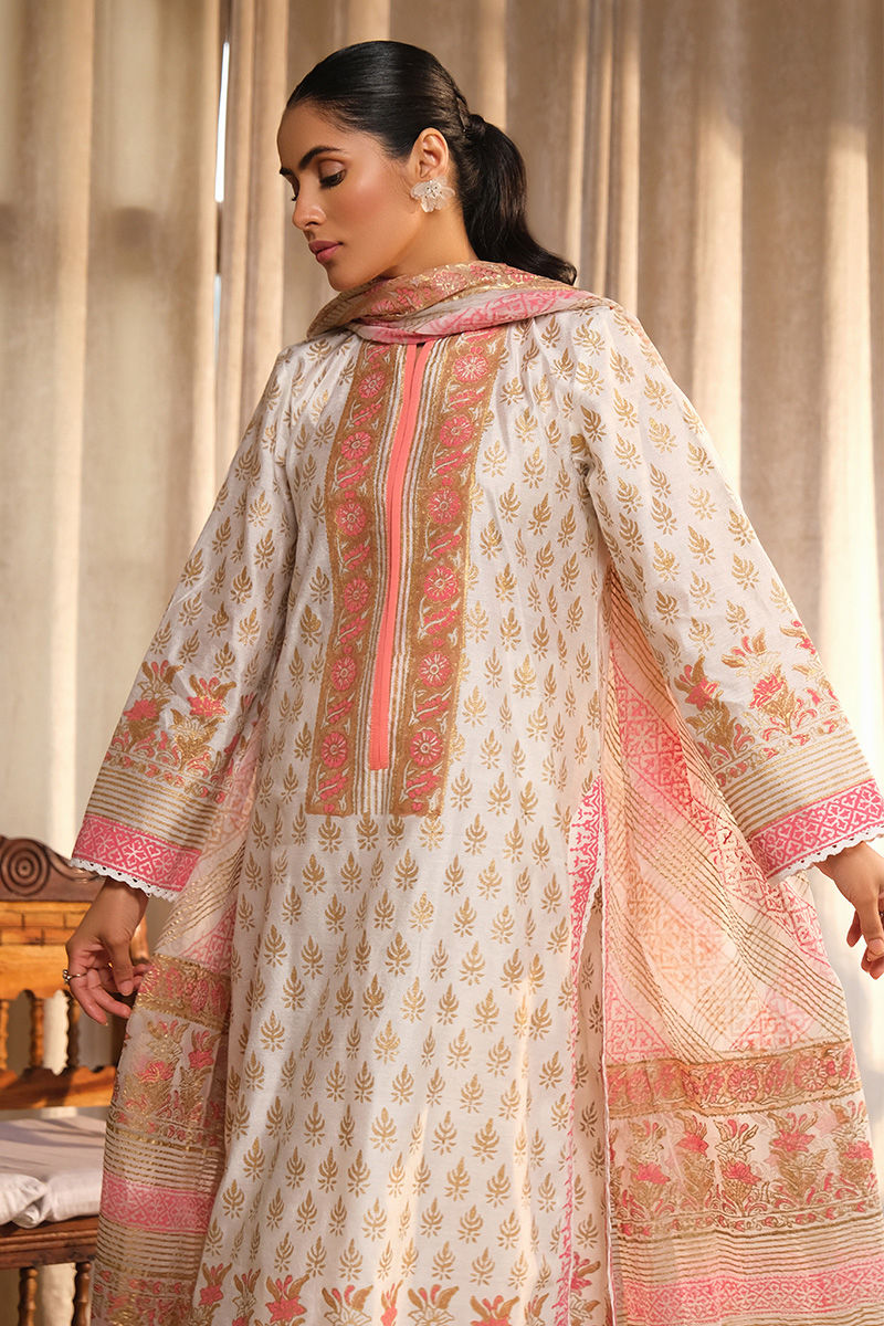 Ivory Block Printed Cotton Net Salwar Kameez (3-Piece) - Image 7