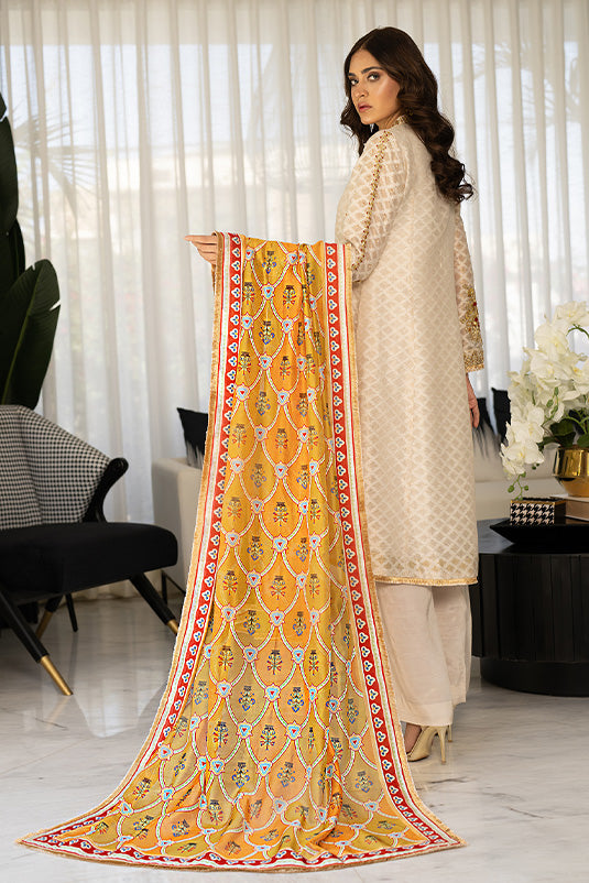 Pakistani Ivory Embellished Cotton Net Salwar Kameez (3-Piece) - Image 1