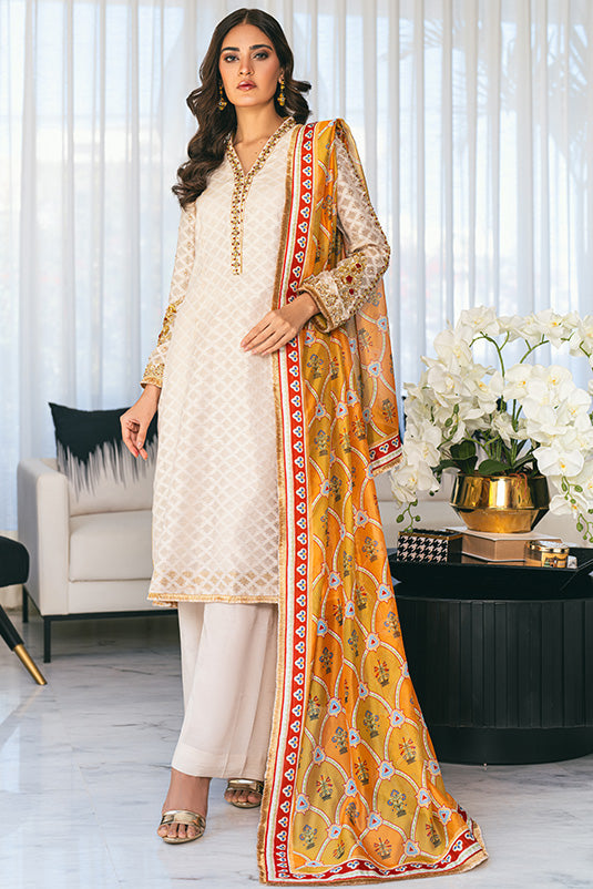 Pakistani Ivory Embellished Cotton Net Salwar Kameez (3-Piece) - Image 2