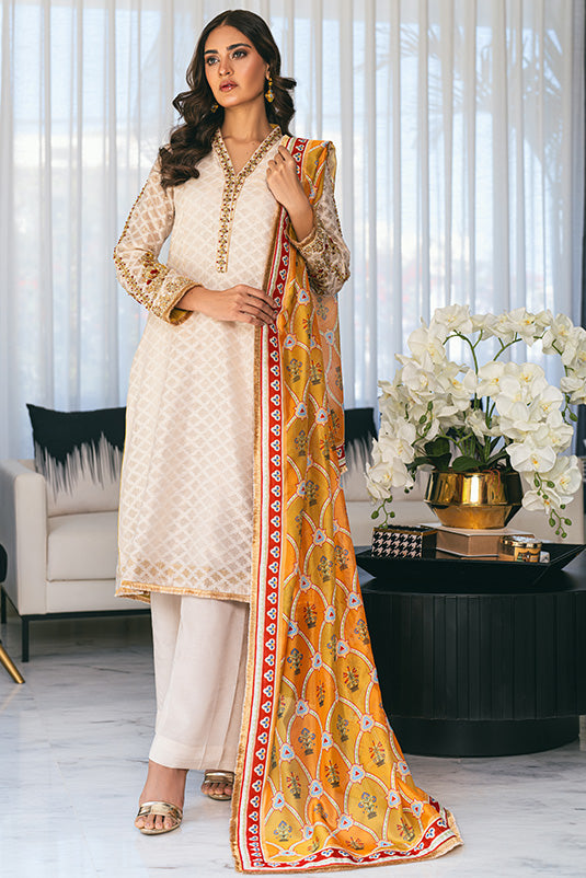 Pakistani Ivory Embellished Cotton Net Salwar Kameez (3-Piece) - Image 3