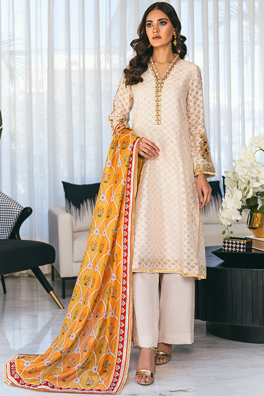 Pakistani Ivory Embellished Cotton Net Salwar Kameez (3-Piece) - Image 4