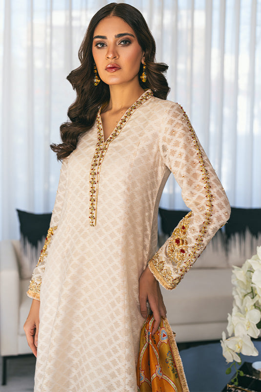 Pakistani Ivory Embellished Cotton Net Salwar Kameez (3-Piece) - Image 5