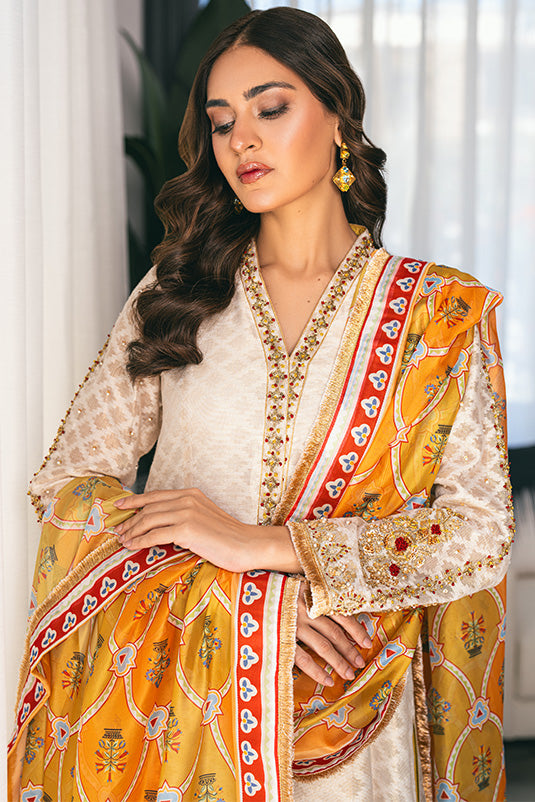 Pakistani Ivory Embellished Cotton Net Salwar Kameez (3-Piece) - Image 6