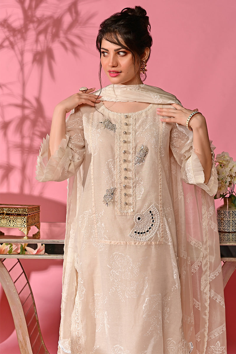 Pakistani Ivory Hand Block Printed Cotton Net Salwar Kameez (3-Piece) - Image 2