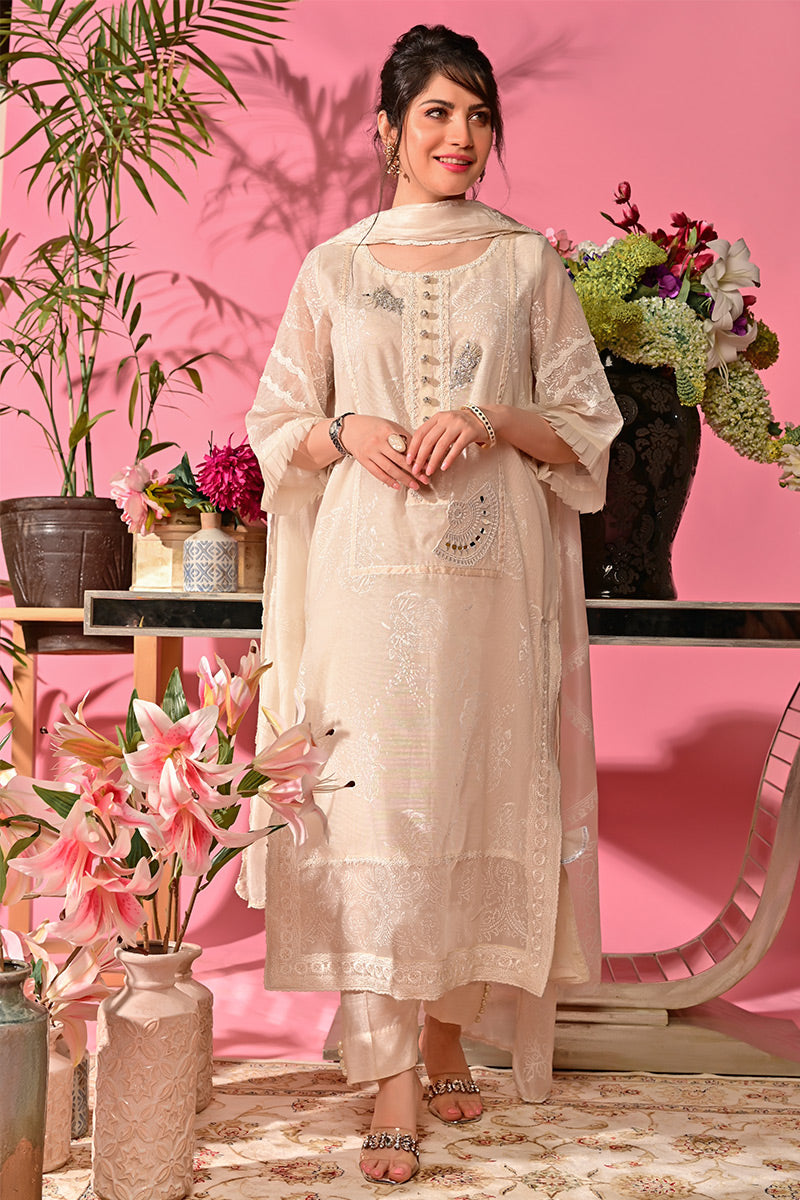 Pakistani Ivory Hand Block Printed Cotton Net Salwar Kameez (3-Piece) - Image 3