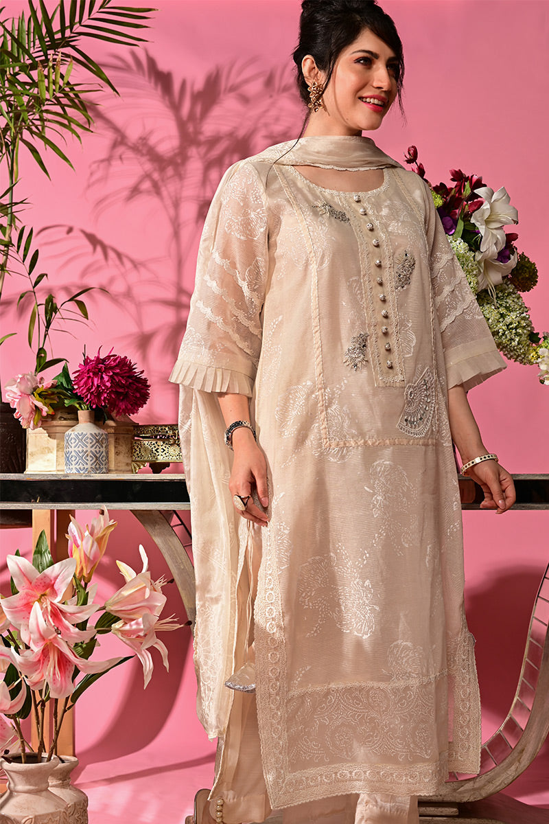 Pakistani Ivory Hand Block Printed Cotton Net Salwar Kameez (3-Piece) - Image 5