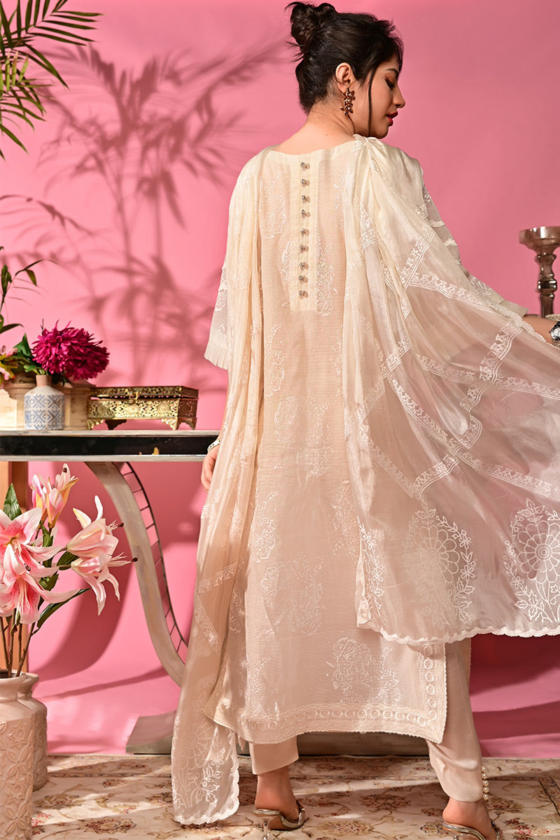 Pakistani Ivory Hand Block Printed Cotton Net Salwar Kameez (3-Piece) - Image 6