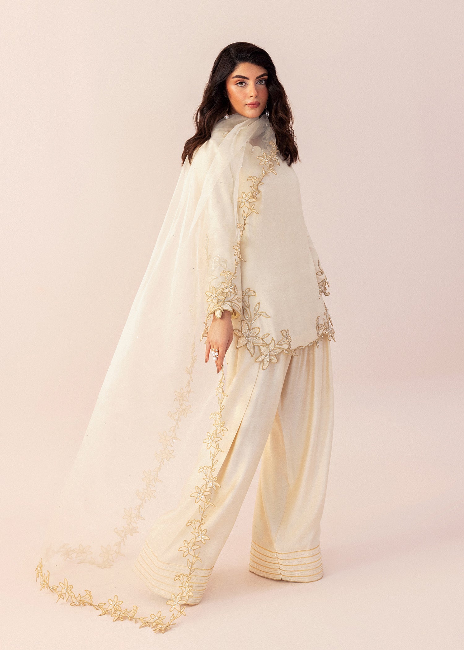 Ivory Hand-Embroidered Cotton Net Salwar Kameez (3-Piece) - Image 1