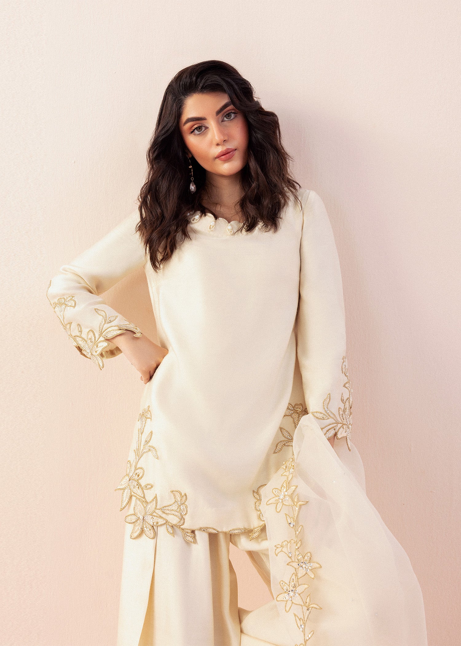 Ivory Hand-Embroidered Cotton Net Salwar Kameez (3-Piece) - Image 3