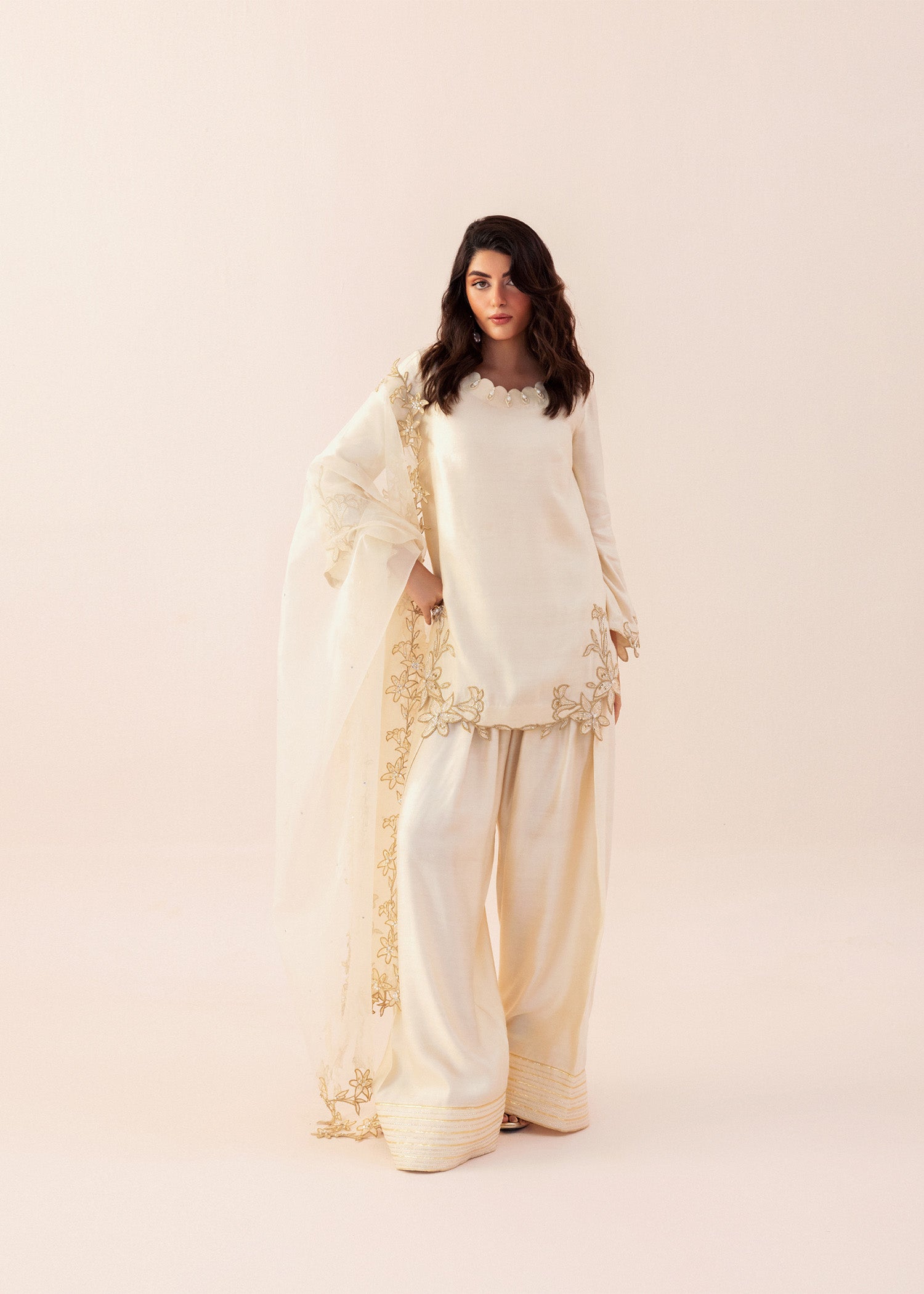 Ivory Hand-Embroidered Cotton Net Salwar Kameez (3-Piece) - Image 4