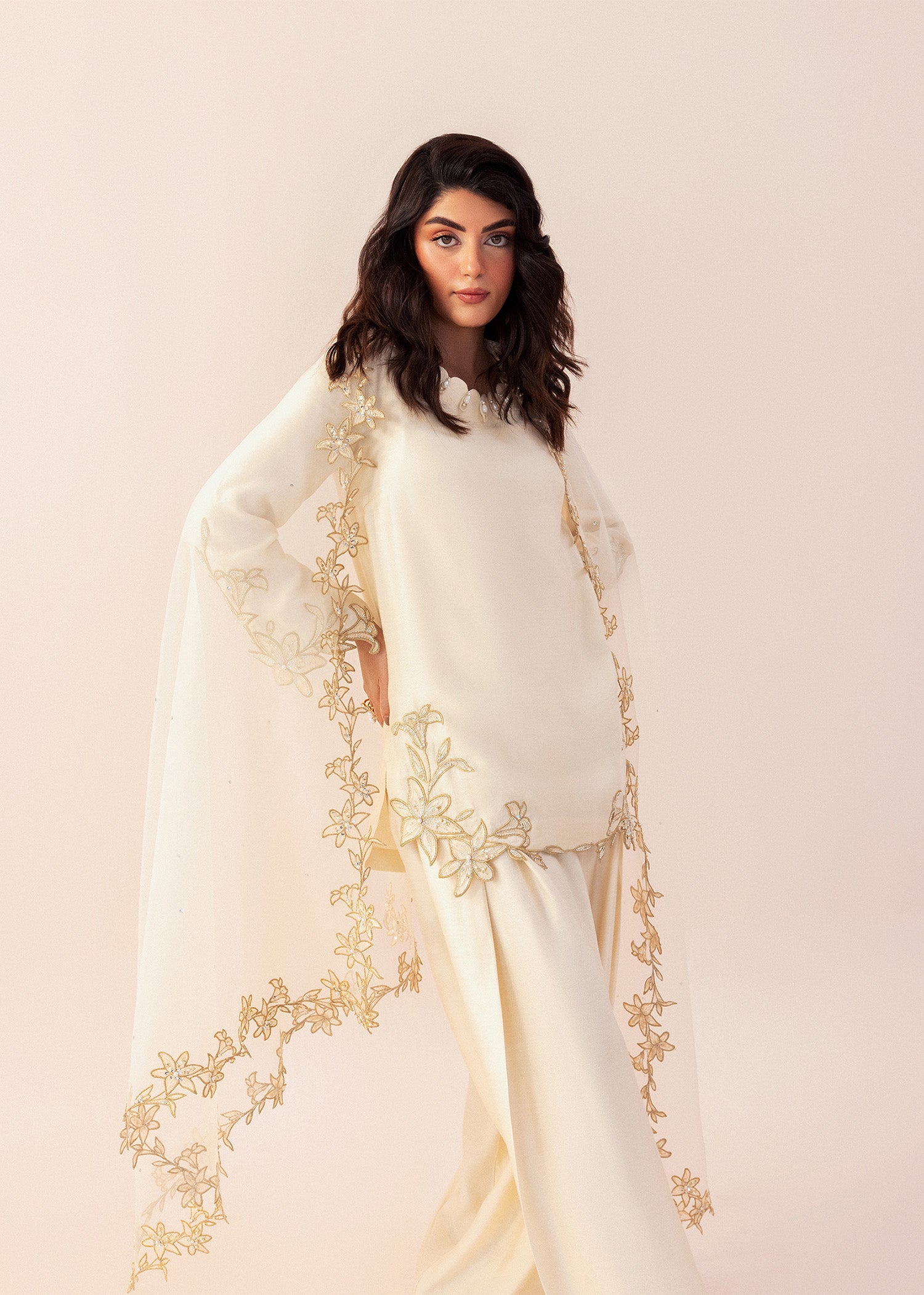 Ivory Hand-Embroidered Cotton Net Salwar Kameez (3-Piece) - Image 6