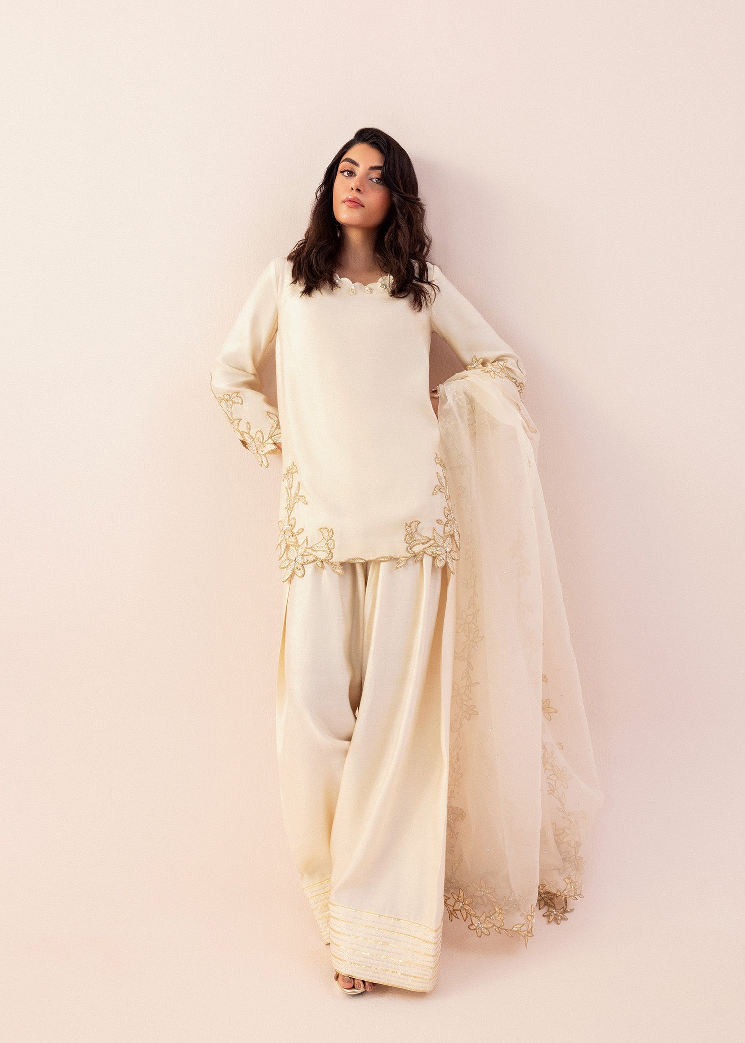 Ivory Hand-Embroidered Cotton Net Salwar Kameez (3-Piece) - Image 7