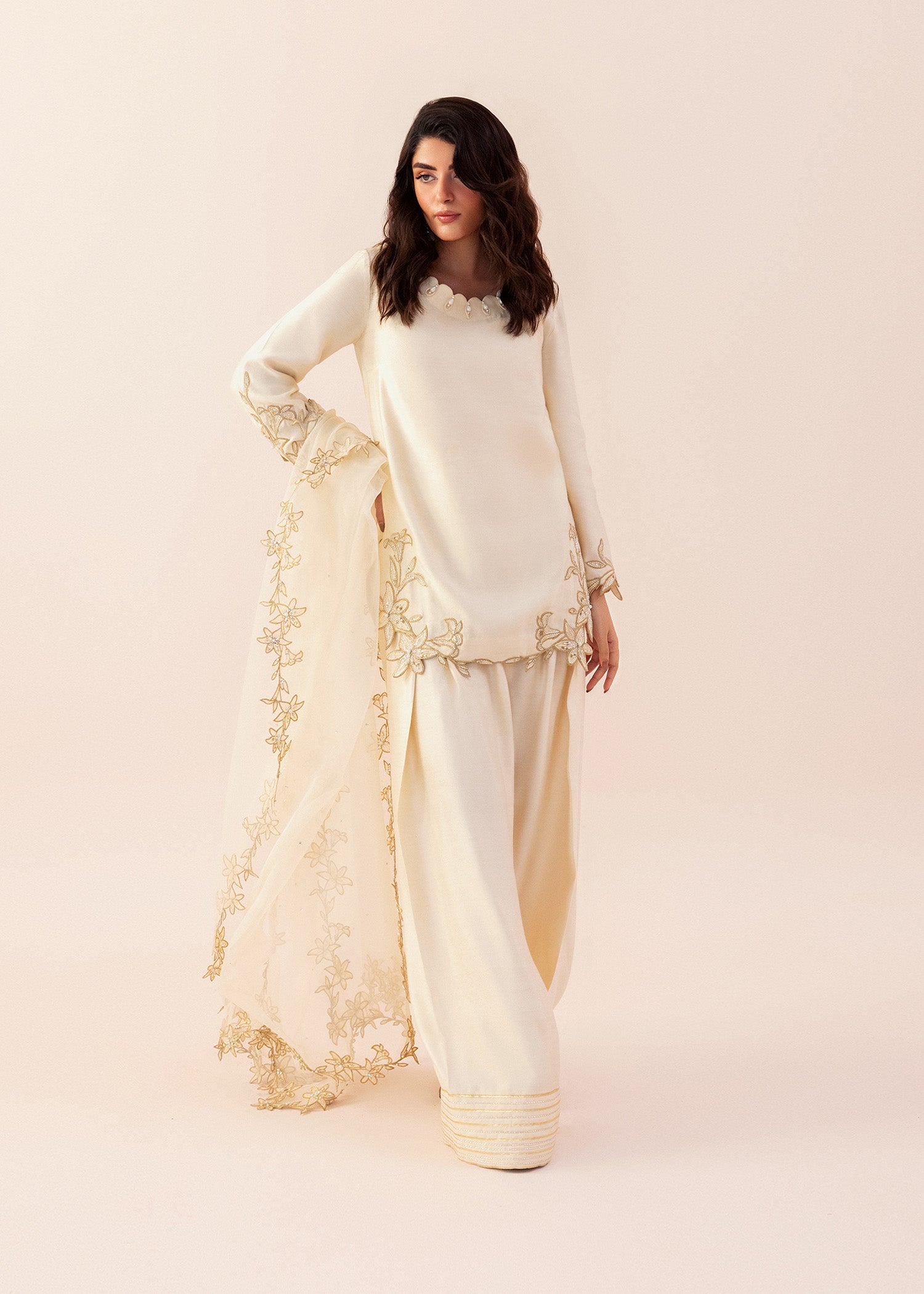 Ivory Hand-Embroidered Cotton Net Salwar Kameez (3-Piece) - Image 9